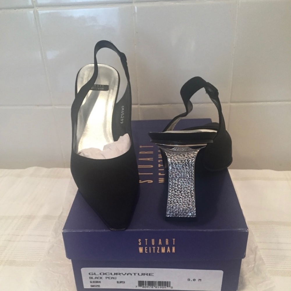 Stuart Weitzman Black Sling Backs Rhinestone heels